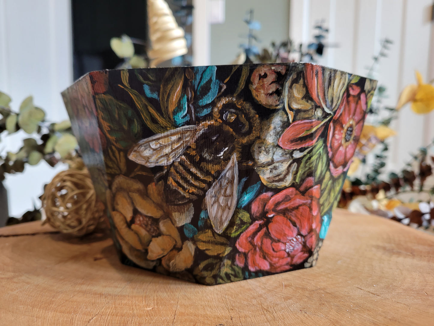 Hand Painted Wooden Asymmetrical  Bee Bowl