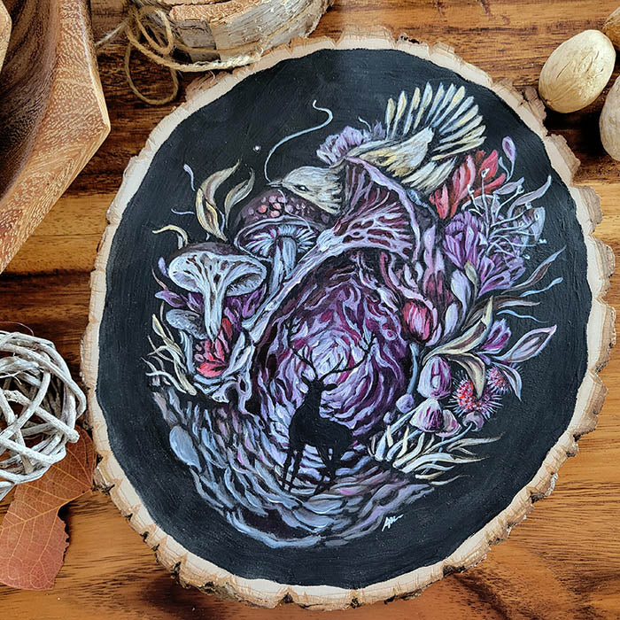 Original Painting of Mushrooms, Bird and Stag on Basswood