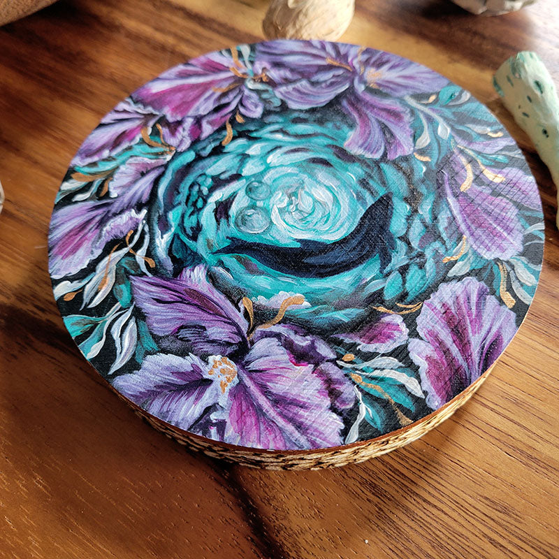 Original Painting of Irises and Whale on Wood