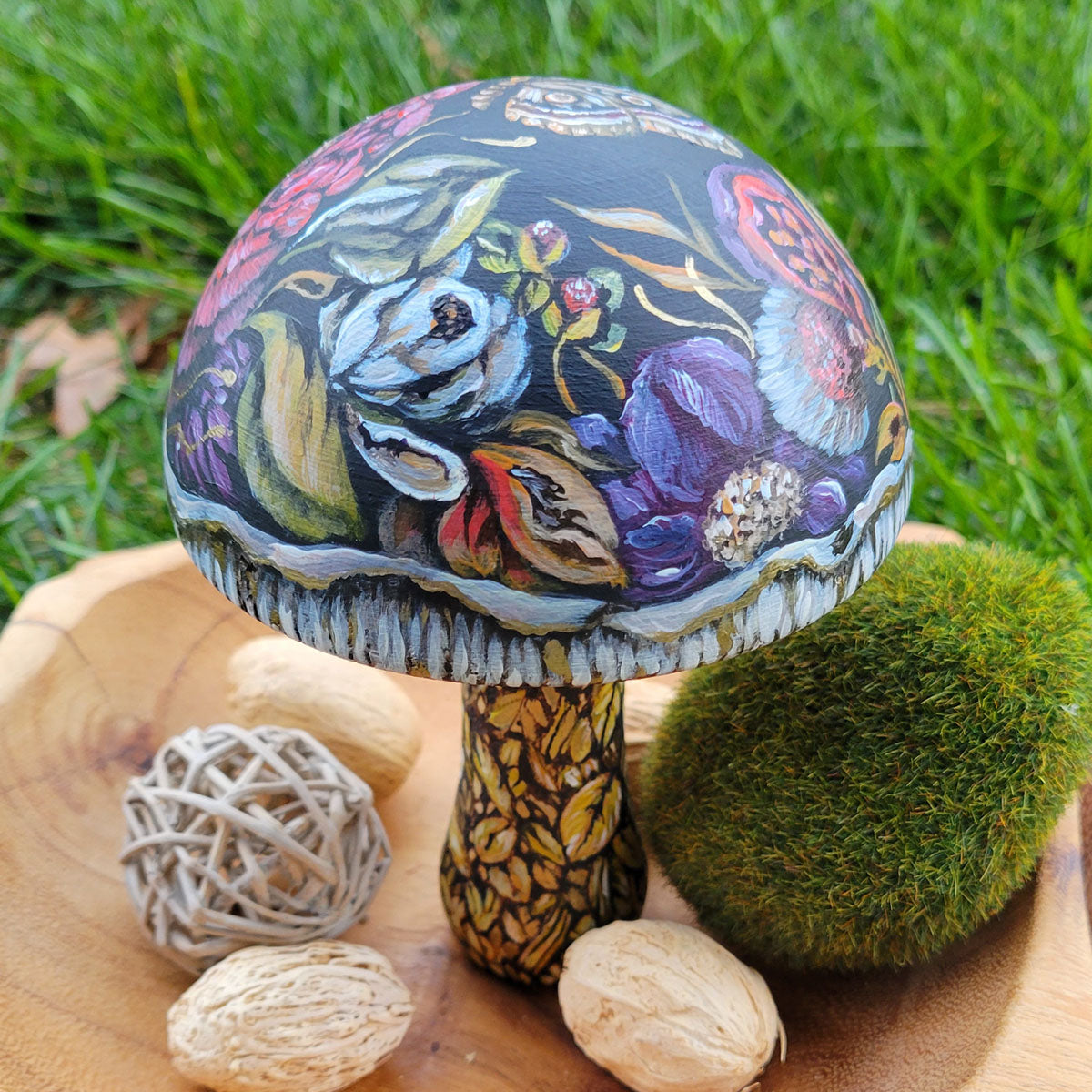 Wooden Mushroom with Pink Red Flowers