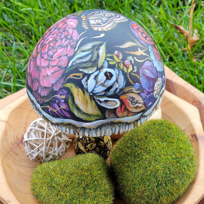 Wooden Mushroom with Pink Red Flowers