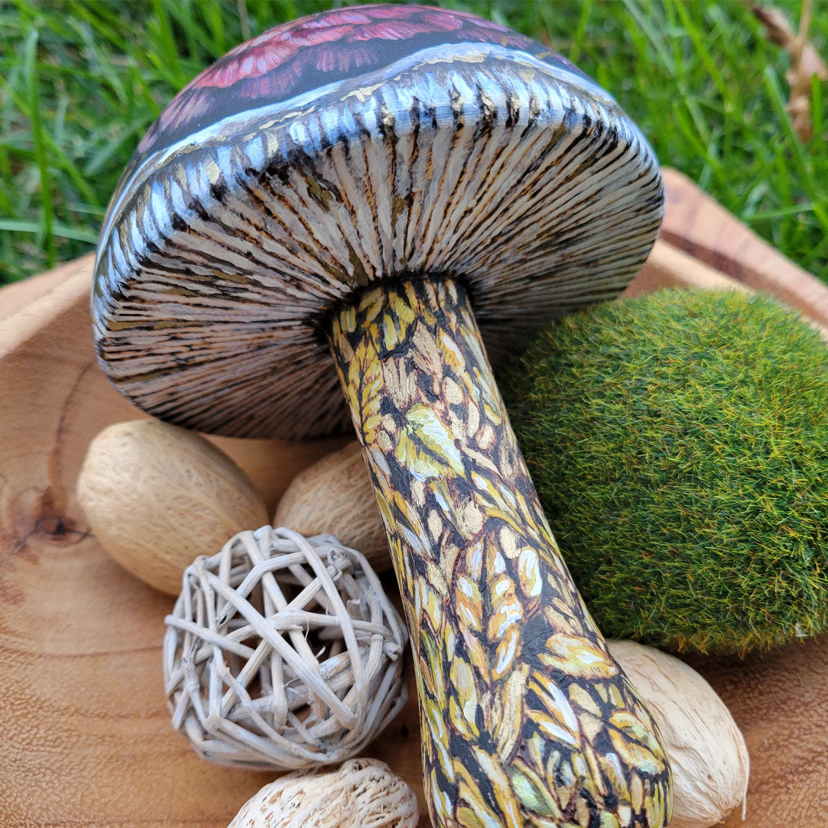 Wooden Mushroom with Pink Red Flowers