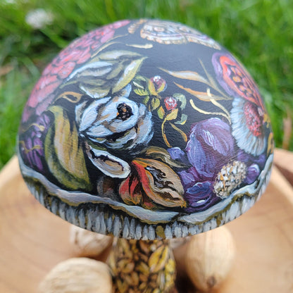 Wooden Mushroom with Pink Red Flowers