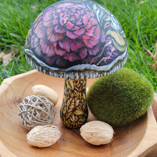 Wooden Mushroom with Pink Red Flowers