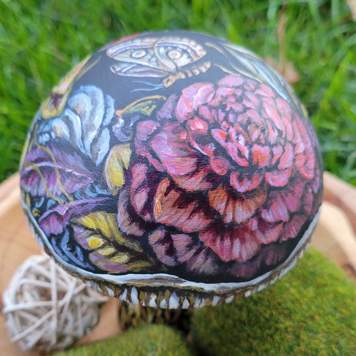 Wooden Mushroom with Pink Red Flowers