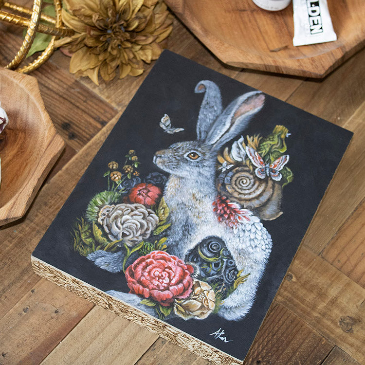 Original Acrylic Painting Steampunk Bunny with Peonies