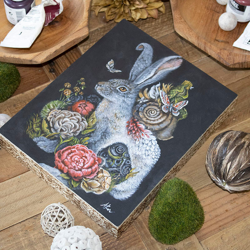 Original Acrylic Painting Steampunk Bunny with Peonies