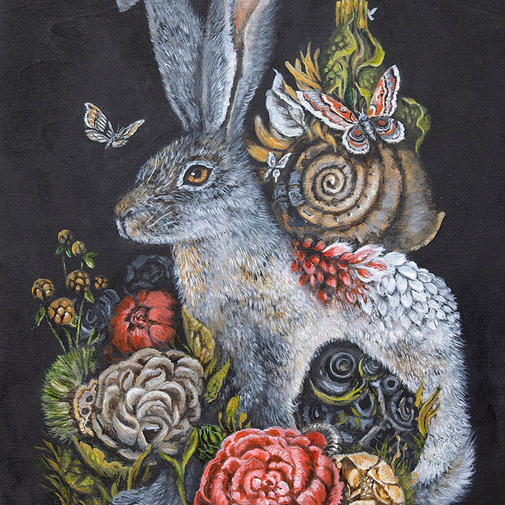 Original Acrylic Painting Steampunk Bunny with Peonies