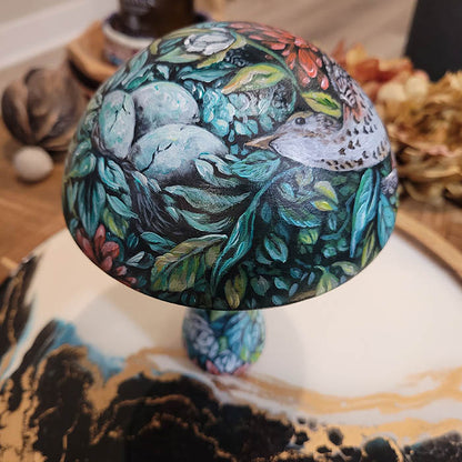 Wooden Mushroom with Bird and Enchanted Forest