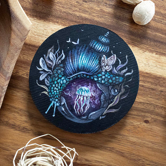 Original Painting of Jellyfish and Snail on Wood