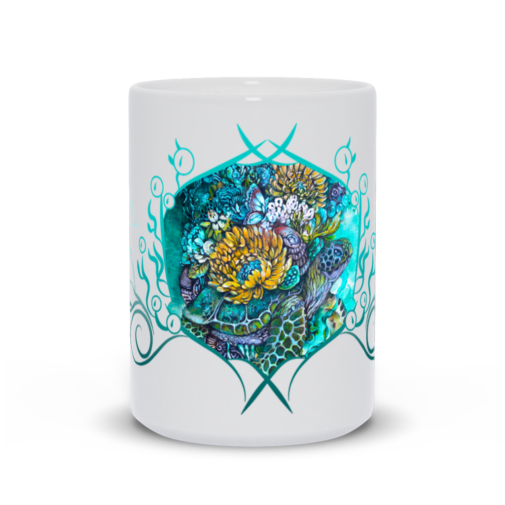 Ceramic Coffee Mug with Sea Turtle and Yellow Flowers