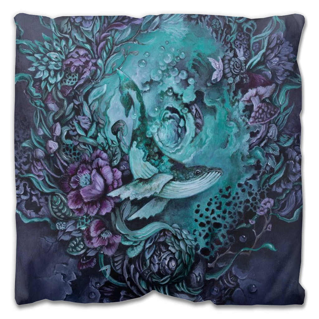 Whale, Flowers and Mushrooms Outdoor Pillow