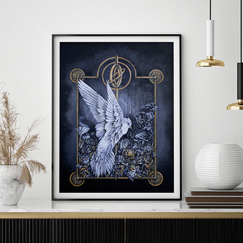 Fantasy Art Print White Bird, Mushrooms & Moon