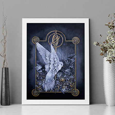 Fantasy Art Print White Bird, Mushrooms & Moon