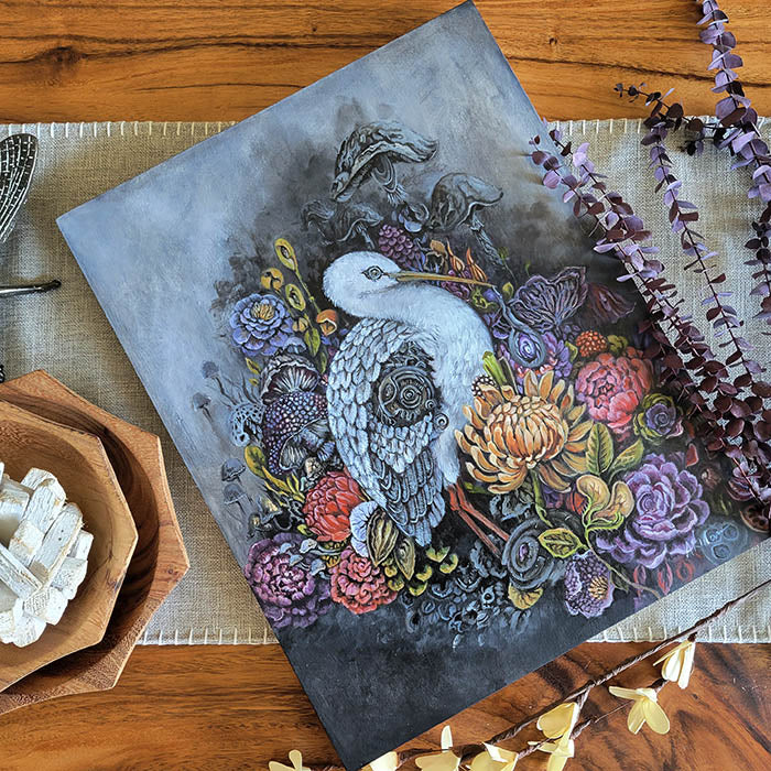 Original Acrylic Painting Steampunk Stork & Mushrooms