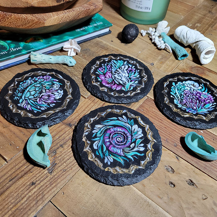 Slate Coaster Set with Purple and Teal and Gold