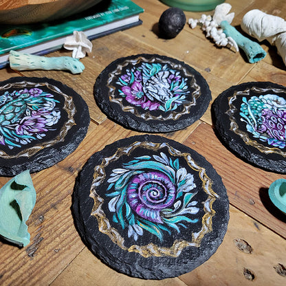 Slate Coaster Set with Purple and Teal and Gold