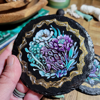 Slate Coaster Set with Purple and Teal and Gold