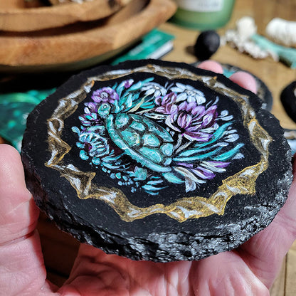 Slate Coaster Set with Purple and Teal and Gold