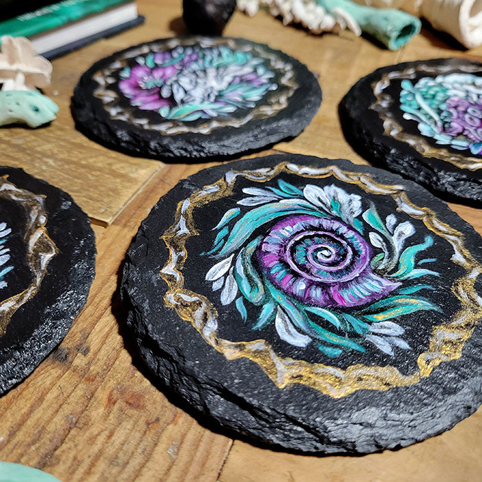 Slate Coaster Set with Purple and Teal and Gold