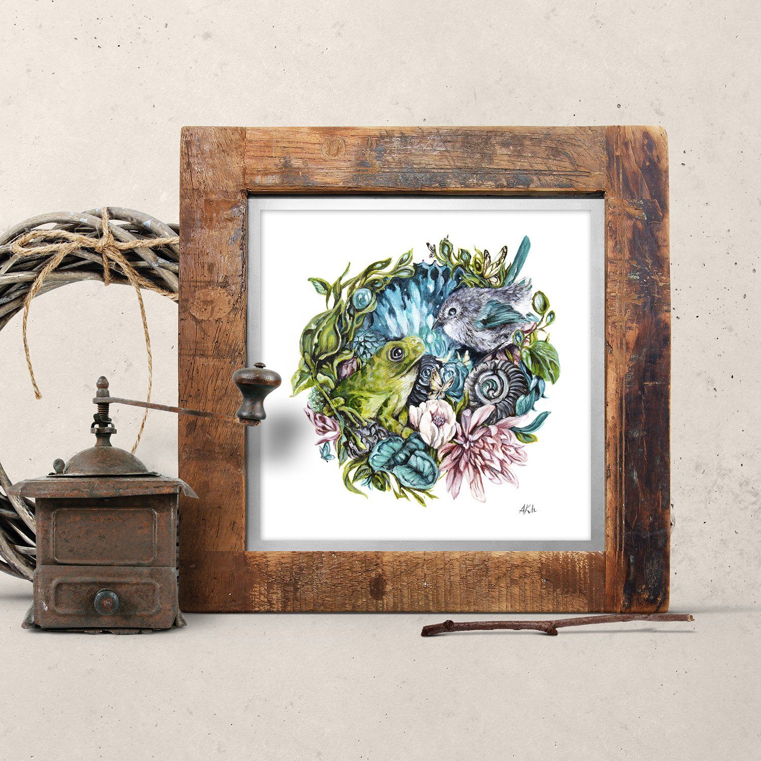 Bird and Frog Nursery Wall Art, Fantasy Art Print prints AK Organic Abstracts 