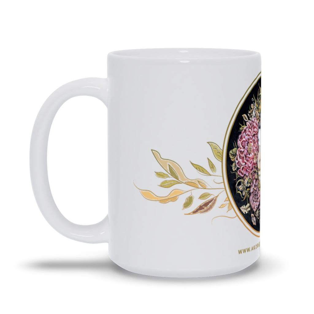 Ceramic Coffee Mug Pink Flowers, Bird and Hand drinkware AK Organic Abstracts 