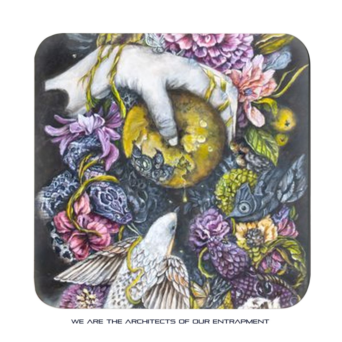 Hand, bird, fish and apple steampunk coaster