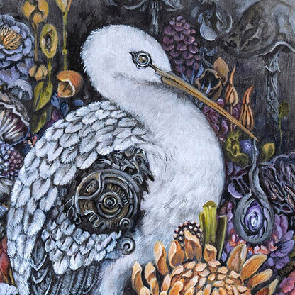 Fantasy Art Print Steampunk Stork and Flowers prints AK Organic Abstracts 