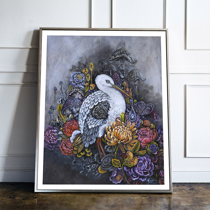 Fantasy Art Print Steampunk Stork and Flowers prints AK Organic Abstracts 