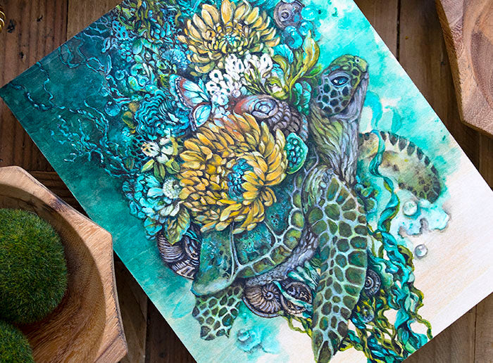 Fantasy Sea Turtle Whimsical and Surreal Art -Original Acrylic, Wood Burning Painting originalpainting AK Organic Abstracts 