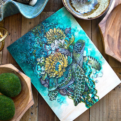 Fantasy Sea Turtle Whimsical and Surreal Art -Original Acrylic, Wood Burning Painting originalpainting AK Organic Abstracts 