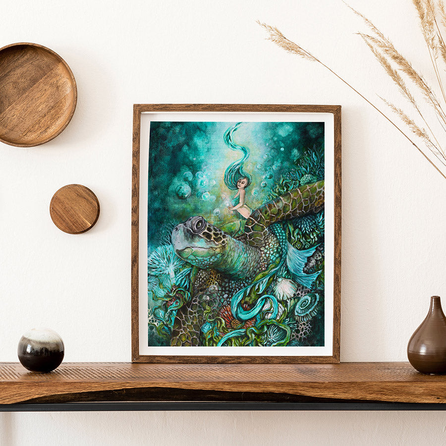 Mermaid & Sea Turtle Fantasy Art Print