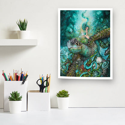 Mermaid & Sea Turtle Fantasy Art Print, Whimsical Art prints AK Organic Abstracts 