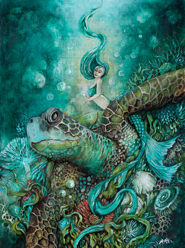 Mermaid & Sea Turtle Fantasy Art Print, Whimsical Art prints AK Organic Abstracts 