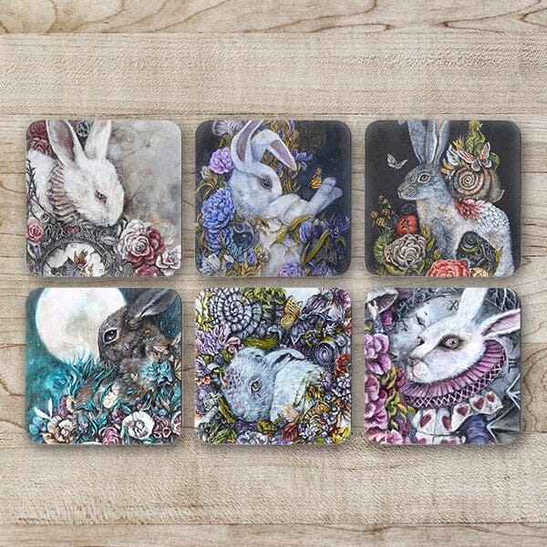 Rabbit Coaster Set of 6, The Bunny Collection Cork Coaster Set coasters AK Organic Abstracts 