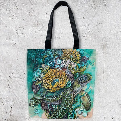 Sea Turtle and Flowers Tote tote AK Organic Abstracts 