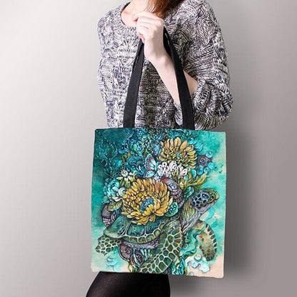 Sea Turtle and Flowers Tote