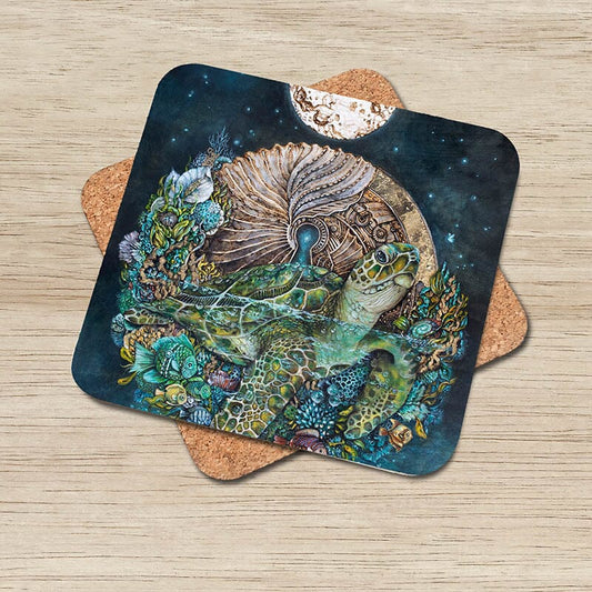 Sea Turtle and Moon Coaster Set of 6, Cork Coaster Set coasters AK Organic Abstracts 