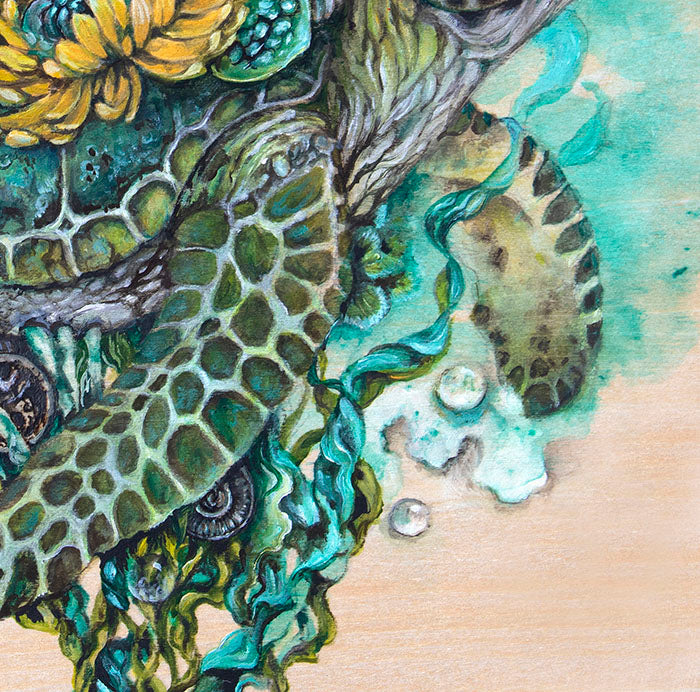 Sea Turtle and Yellow Flowers Fantasy Art Print, Whimsical Art prints AK Organic Abstracts 