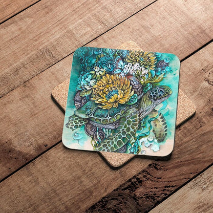 Sea Turtle Luna Coaster Set of 6, Cork Coaster Set coasters AK Organic Abstracts 