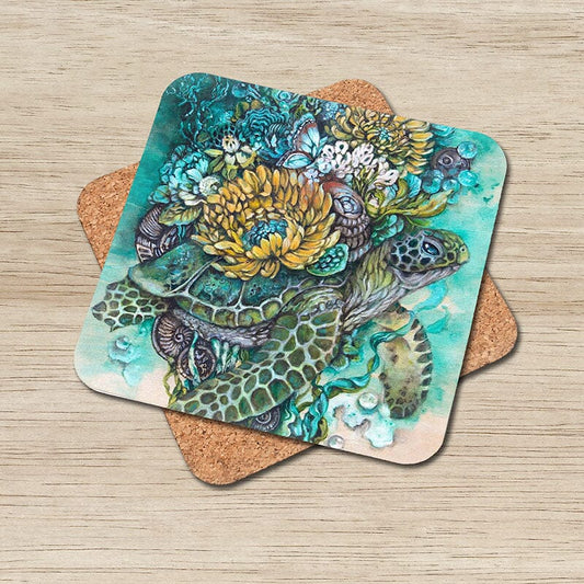 Sea Turtle Luna Coaster Set of 6, Cork Coaster Set coasters AK Organic Abstracts 