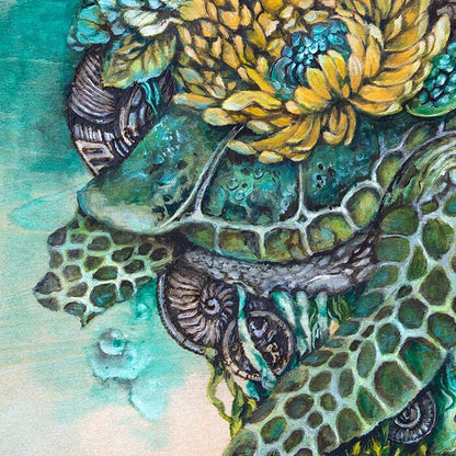 Sea Turtle Painting with Yellow Flowers prints AK Organic Abstracts 