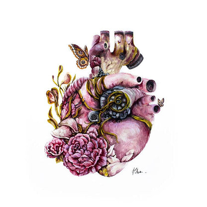 Steampunk Art Print Pink Heart and Flowers prints AK Organic Abstracts 