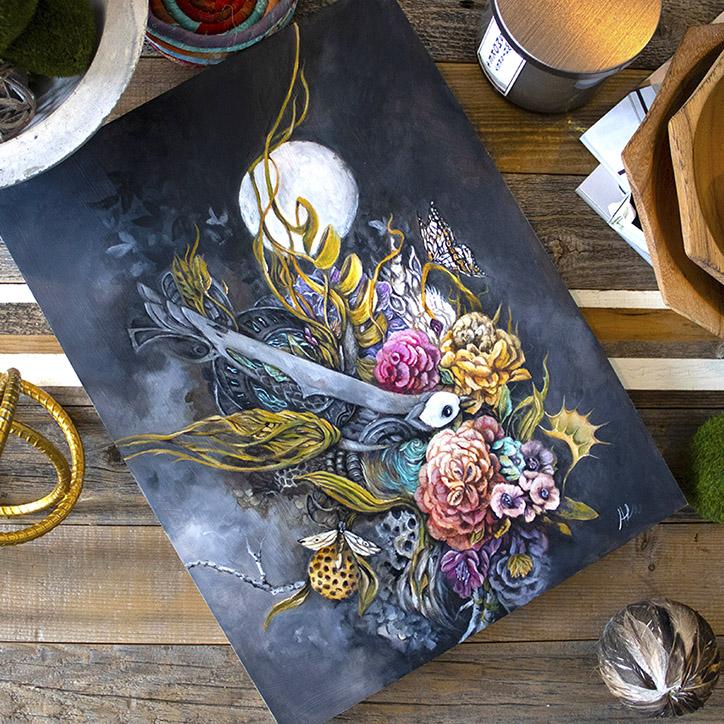 Steampunk Bird and Flowers Original Fantasy Painting with Wood Burning Art originalpainting AK Organic Abstracts 