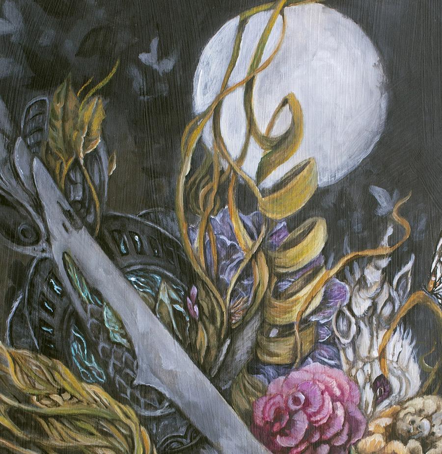 Steampunk Bird and Flowers Original Fantasy Painting with Wood Burning Art originalpainting AK Organic Abstracts 