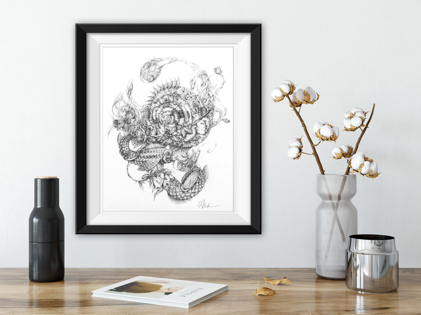 Steampunk Black and White Fish and Flowers Art Print "And It Was In This Way That All Things Converged" prints AK Organic Abstracts 