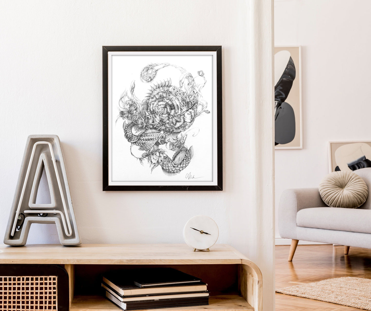 Steampunk Black and White Fish and Flowers Art Print "And It Was In This Way That All Things Converged" prints AK Organic Abstracts 