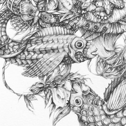 Steampunk Black and White Fish and Flowers Art Print "And It Was In This Way That All Things Converged" prints AK Organic Abstracts 