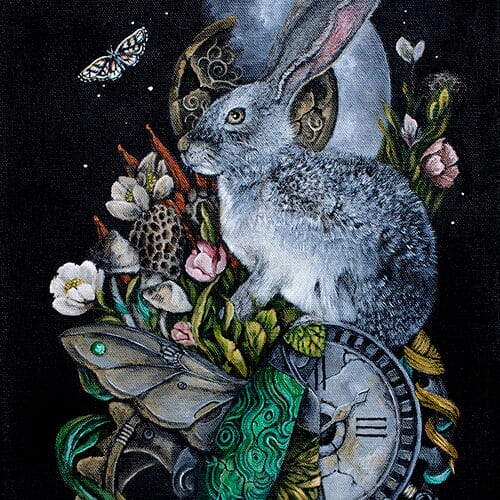 Steampunk Bunny Rabbit, Bird and Flowers Art Print prints AK Organic Abstracts 