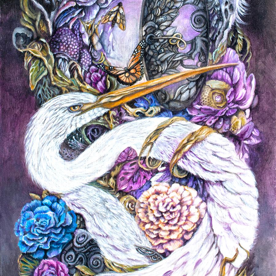 Steampunk Crane, Mushrooms and Flowers Original Fantasy Painting with Wood Burning Art originalpainting AK Organic Abstracts 